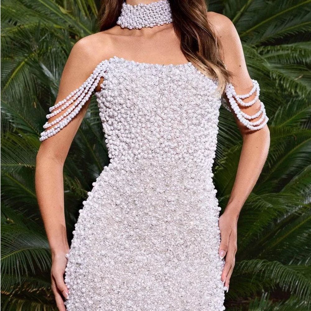 Ashley Lauren Pearl White Beaded Dress